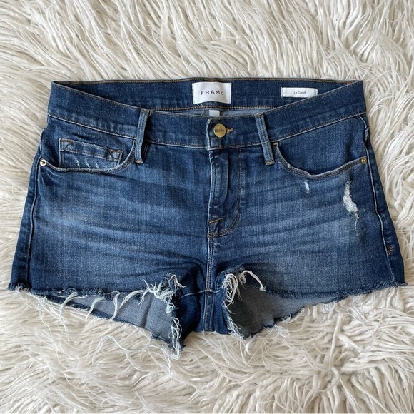 FRAME Denim Le Cut Off Azure Blue Raw Hem Mid Rise Jean Shorts LC779 EUC Size 25 - Picture 2 of 10